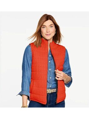 Talbots Orange Full Zip Cable Knit Quilted Sleeveless Vest Womens Large New